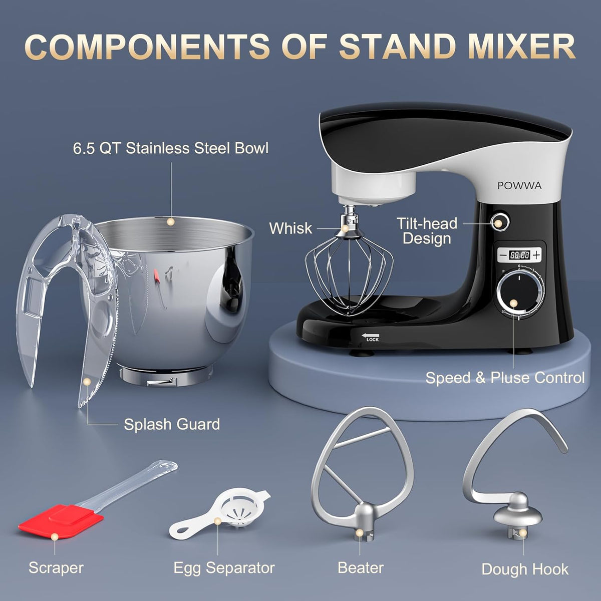 Stand Mixer, Powwa 6.5 QT 10 Speeds Tilt-Head Electric Stand Mixer, 3-In-1 Kitchen Mixer with Bowl, Dough Hook, Whisk and Beater
