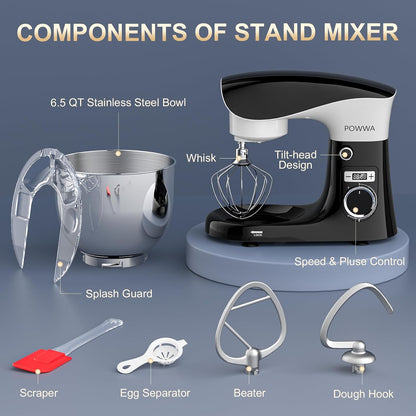 Stand Mixer, Powwa 6.5 QT 10 Speeds Tilt-Head Electric Stand Mixer, 3-In-1 Kitchen Mixer with Bowl, Dough Hook, Whisk and Beater