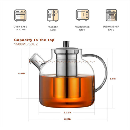 1500ml(50oz) Glass Teapot with Removable Infuser, Ehugos Stovetop Safe Large Tea Pot, Blooming and Loose Leaf Hand Crafted Kettle for Women and Adult with Stainless Infuser