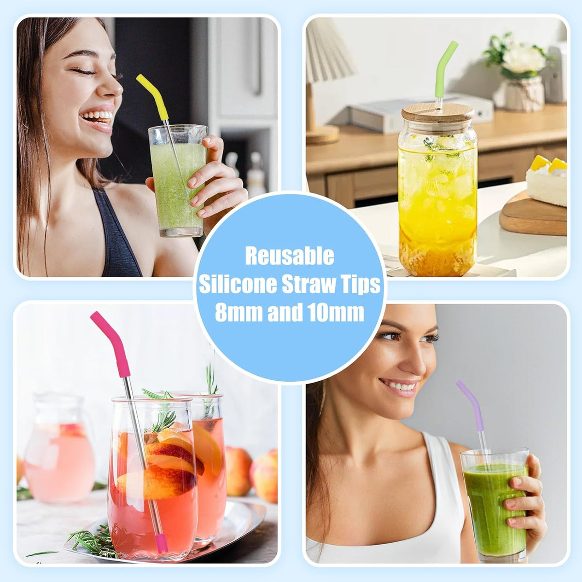 Keifin 18 Pcs 8mm 10mm Silicone Straw Tips with Bottom Sleeve Reusable Food Grade Rubber Straw Tips for Metal Glass Straws Replaceable Flex Toppers