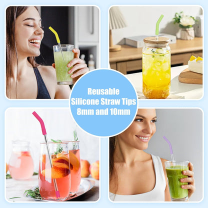 Keifin 18 Pcs 8mm 10mm Silicone Straw Tips with Bottom Sleeve Reusable Food Grade Rubber Straw Tips for Metal Glass Straws Replaceable Flex Toppers