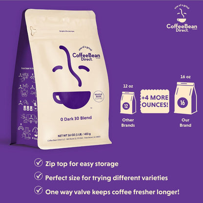 Coffee Bean Direct 0 Dark 30 Blend, Whole Bean, 1lb Bag | Mixed Roast Level, Rich Flavor