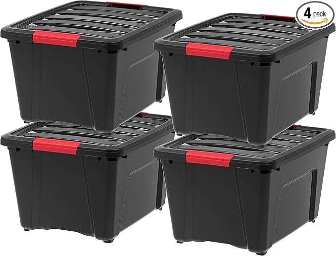 IRIS USA 30 L (32 QT) Plastic Storage Box with Lid and Latches - 4 Pack - BPA-Free, Garage Organizing Solution, Durable Nestable Stackable Containers, Secure Pull Handle - Black