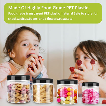 12pcs Plastic Jars with Lids 16 oz & 8 oz & 4 oz, Leakproof Storage Containers Clear Plastic Mason Jars for Peanut, Spice, Cookie