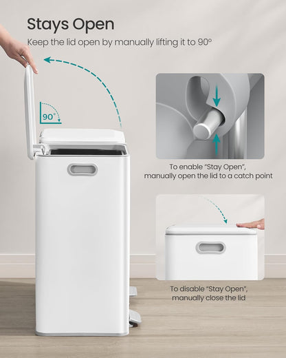SONGMICS Trash Can, 2 x 8 Gallon (2 x 30 L) Double Garbage Can with Soft-Close Lids, Removable Inner Buckets, Pedals, Stainless Steel, for Waste and Recycling, Cloud White ULTB743W01