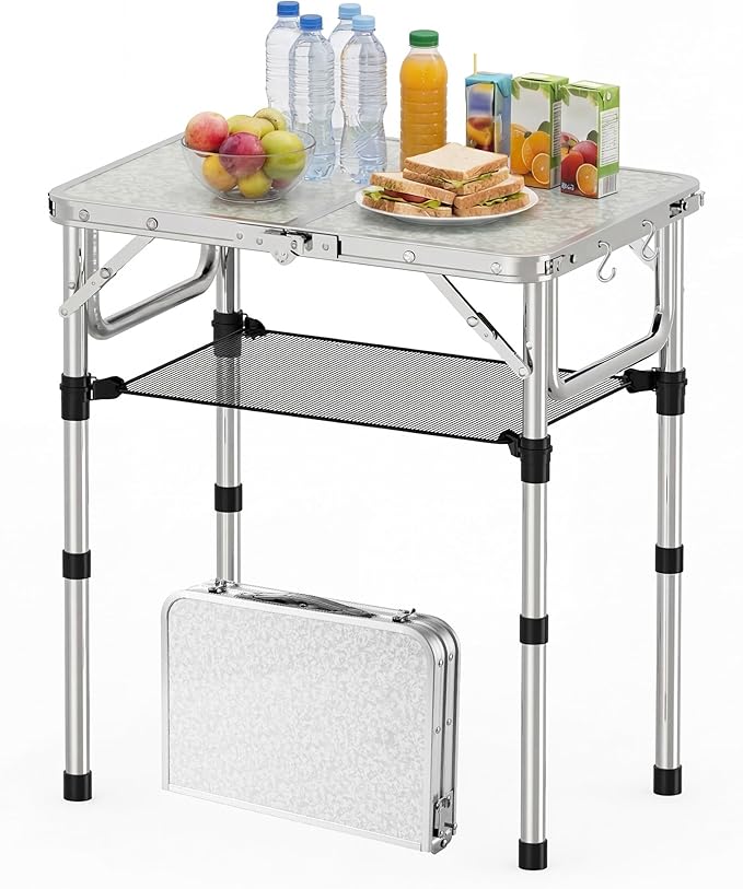 YihuiKo Small Folding Picnic Table with Storage Net, 3 Adjustable Heights 27.5" Aluminum Lightweight Portable Table with Carrying Handle for Camping Travel and Indoor