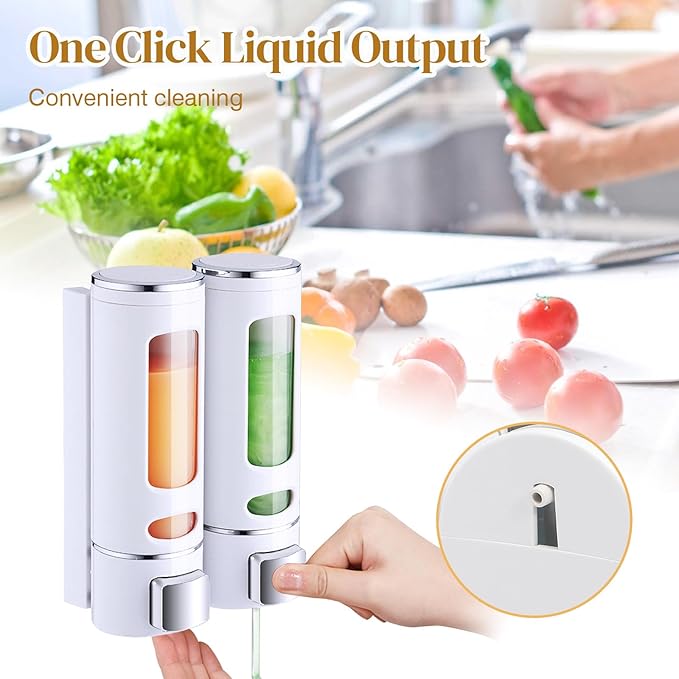 2 Shampoo & Conditioner Dispenser Wall Mounted, 400ml Liquid Soap Shower Dispenser Set No Drill, Gel Container Shower Pump Dispenser, Conditioner Body Wash Dispenser Set for Bathroom Hotel Home