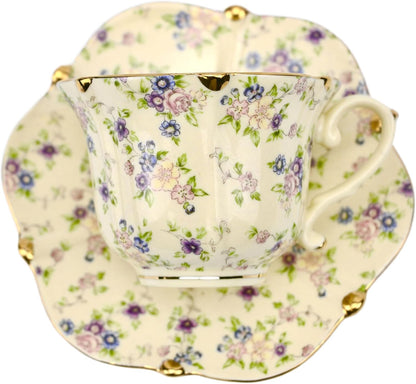 TATSUMI Country Roses Bone China Tea Cup and Saucer Set, 3 Pieces, Vintage Style, For Women and Tea Parties(yellow,1 Set)