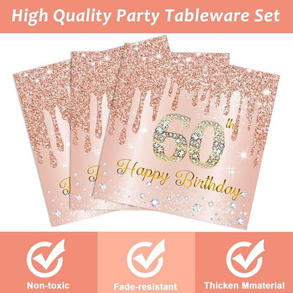 ZOIIWA 96 Pieces 60th Birthday Party Tableware Set for Pink Rose Gold 60th Paper Table Decorations Supplies Pink Rose Gold Happy 60 Birthday Dessert Plates Napkins Forks for 24 Guests Women Supplies
