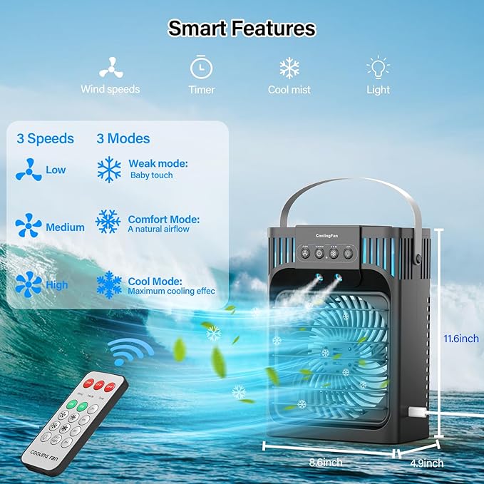 Portable Air Conditioner Cooling Fan with Remote, Quiet with 3 Speeds, 1200ml Personal Air Cooler Fan with 3 Mist, 7 Night Light, 8H Timer, Small Air Conditioner for Bedroom Office