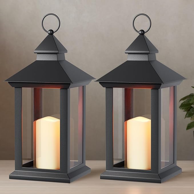 Lanterns Decorative Indoor, 2 Pack Black Decorative Flameless Candle Lanterns with Timer, Vintage 14" Waterproof Hanging Outdoor Lanterns, Battery Operated for Porch, Patio, Wedding Decor