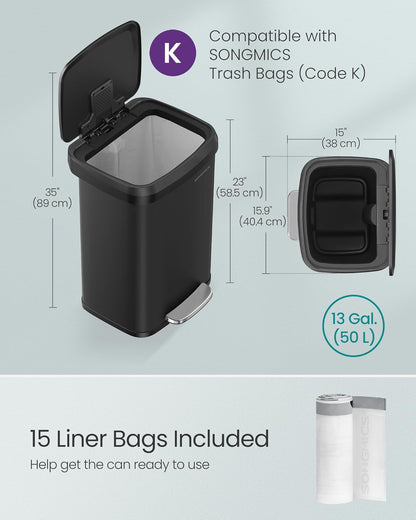 SONGMICS Kitchen Trash Can, 13 Gallon (50 L) Stainless Steel Garbage Can, with Stay-Open Lid and Step-on Pedal, Soft Closure, Tall, Large and Space-Saving, Black ULTB530B50
