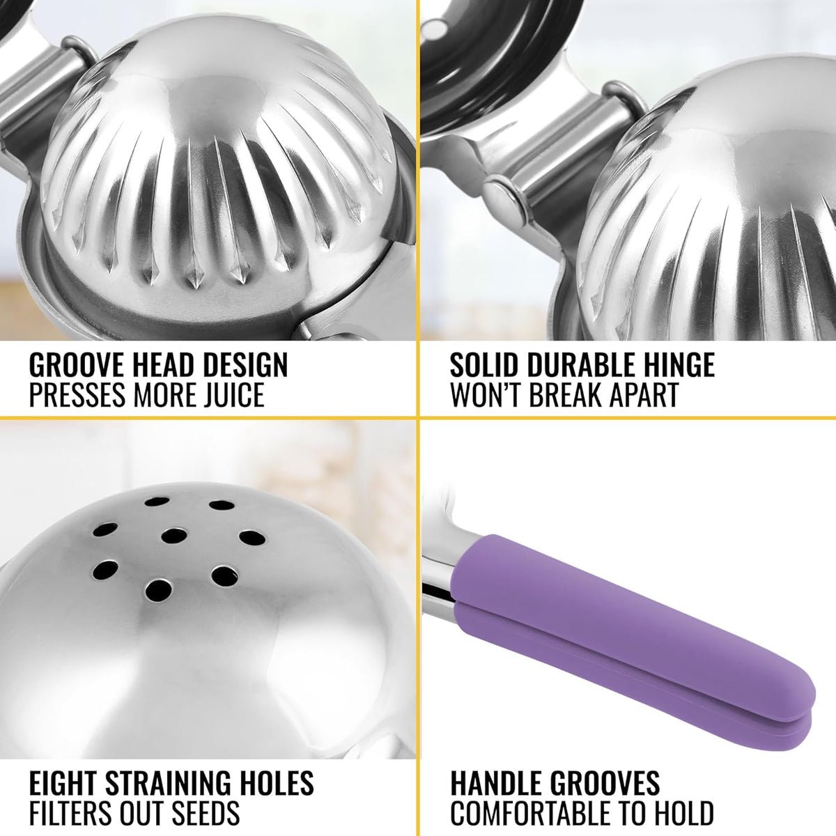 Zulay Lemon Squeezer Stainless Steel with Premium Heavy Duty Solid Metal Squeezer Bowl and Food Grade Silicone Handles - Large Manual Citrus Press Juicer and Lime Squeezer Stainless Steel (Purple)