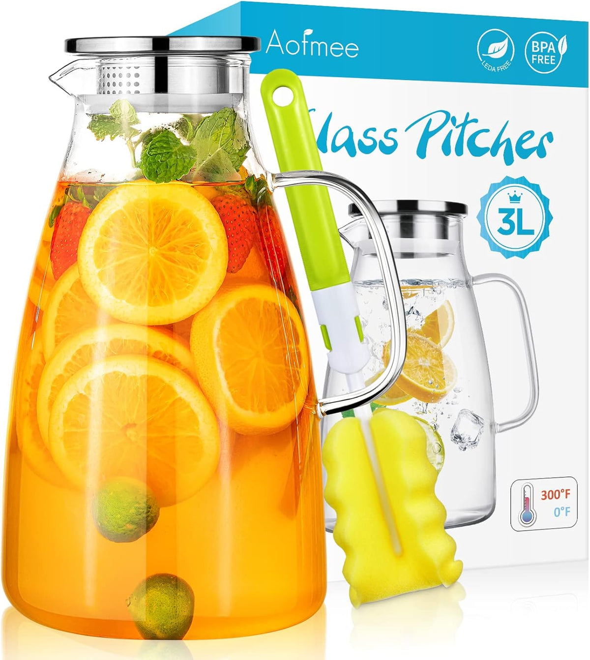 Aofmee 100 Oz Glass Pitcher, 3L Water Pitcher with Lid, Iced Tea Jar with 304 Stainless Steel Lid and Spout, Heat Resistant Jug for Sun Tea