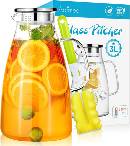 Aofmee 100 Oz Glass Pitcher, 3L Water Pitcher with Lid, Iced Tea Jar with 304 Stainless Steel Lid and Spout, Heat Resistant Jug for Sun Tea