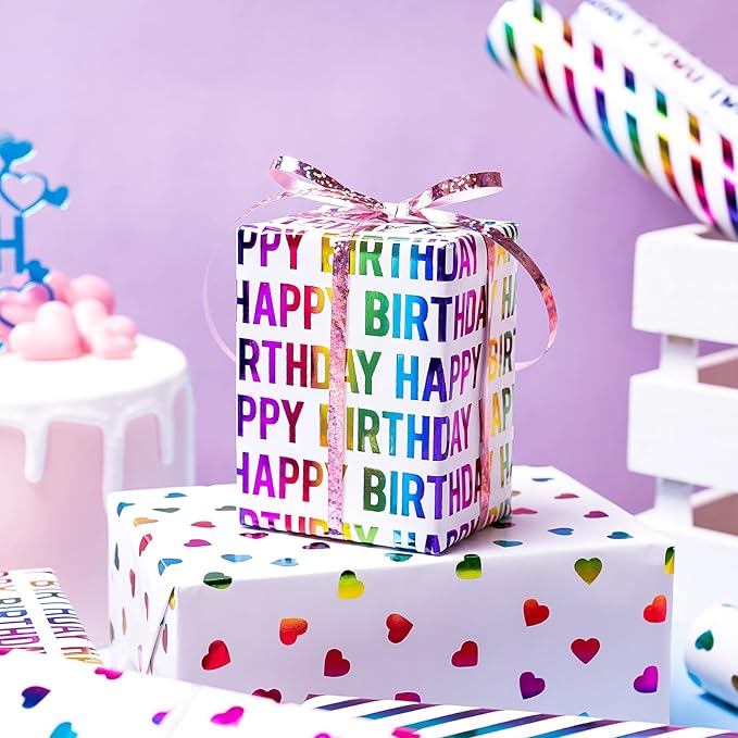 WRAPAHOLIC Heart Wrapping Paper Roll - Mini Roll - 3 Rolls - 17 inch x 120 inch Per roll - Colorful Foil Birthday Wrapping Paper for Valentine's Day, Kids Girls Birthday, Baby Shower