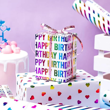WRAPAHOLIC Heart Wrapping Paper Roll - Mini Roll - 3 Rolls - 17 inch x 120 inch Per roll - Colorful Foil Birthday Wrapping Paper for Valentine's Day, Kids Girls Birthday, Baby Shower