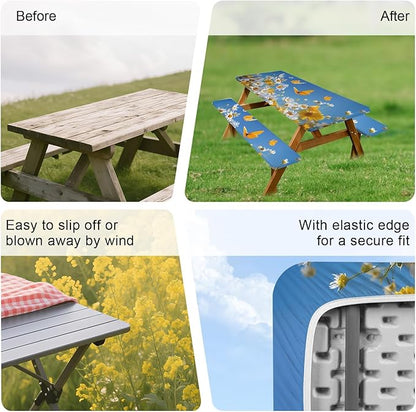 ANNA QUEEN 6FT Daisy Spring Picnic Table Cover with Bench Covers Picnic Table Cover Set 3PCS 72"x30", Outdoor Bench and Tablecloth Furniture Protection
