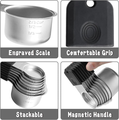 Measuring Cups and Spoons Set Including 8 Stainless Steel Magnetic Measuring Cups 8 Double Sided Magnetic Measuring Spoons with 1 Leveler for Dry and