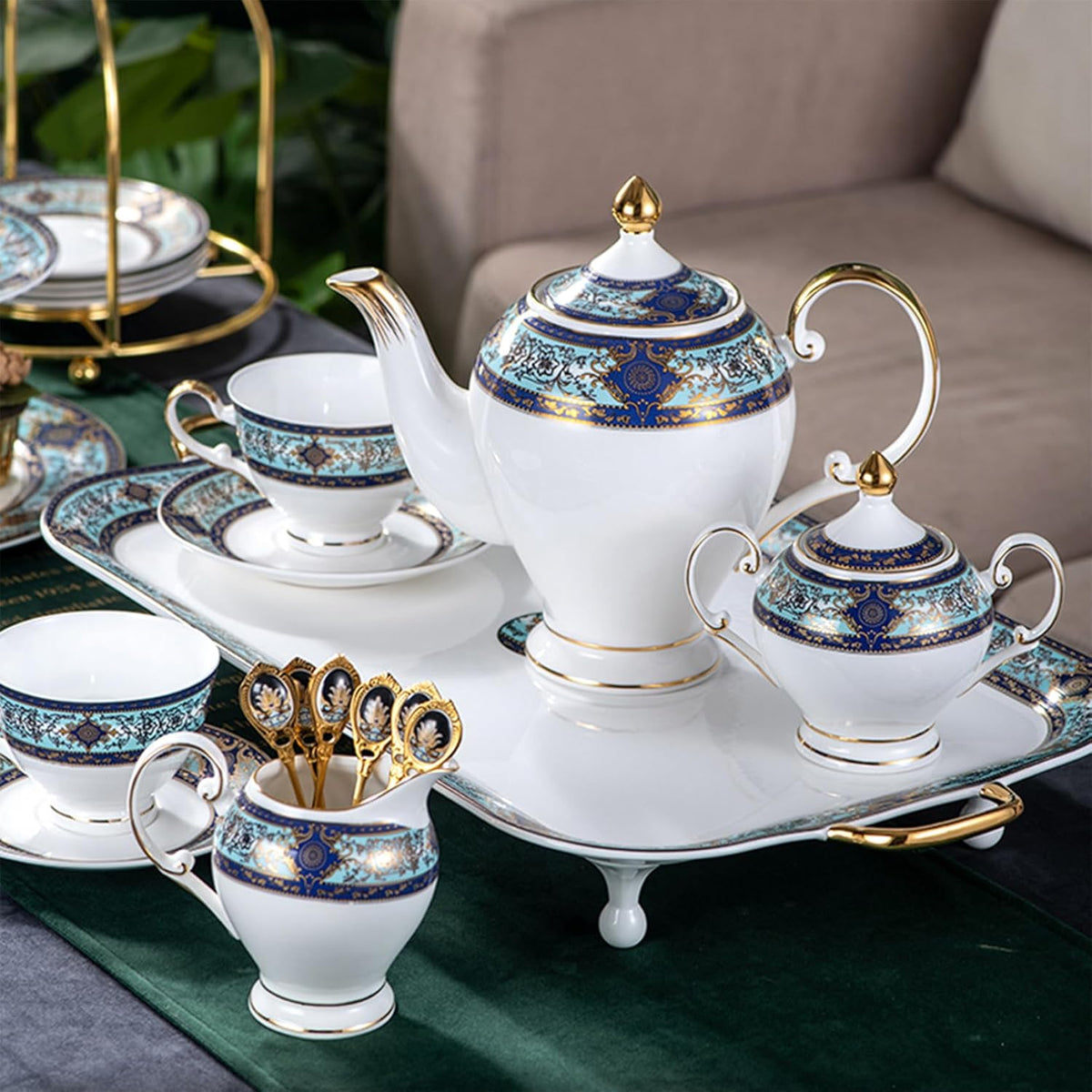 Euro Style Bone China Tea Set, 21 Piece Porcelain Tea Sets for 6 Adults, Bone China Tea Cup Set, Creamer Pitcher, Tea Set for Women Tea Party Set, Gift Package (21, Court)