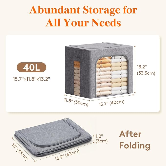 Lifewit Clothes Storage Bins with Metal Frame, Stackable Storage Box, Foldable Clothing Storage Bins with Lids, 40L Storage Bags Fabric Box Organizer with Clear Window＆ Zippers＆ Sturdy Handles 12 Pack