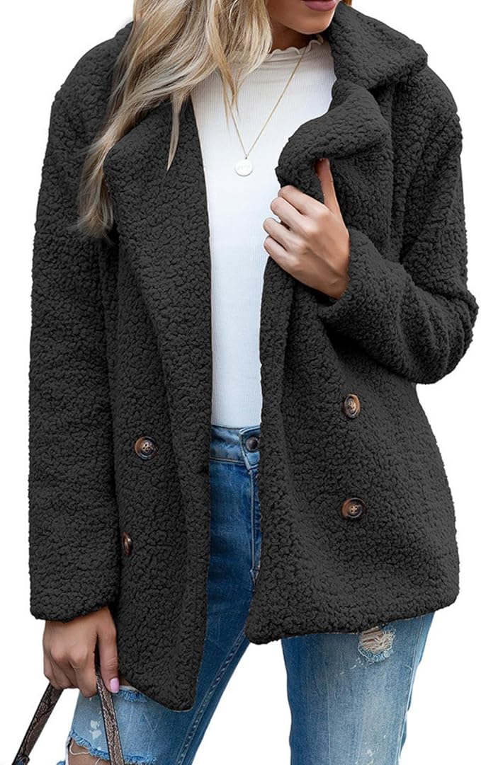 Women's Winter Warm Plush Cardigan Fuzzy Fleece Lapel Jacket with Buttons Pockets Long Sleeve Casual Outerwear