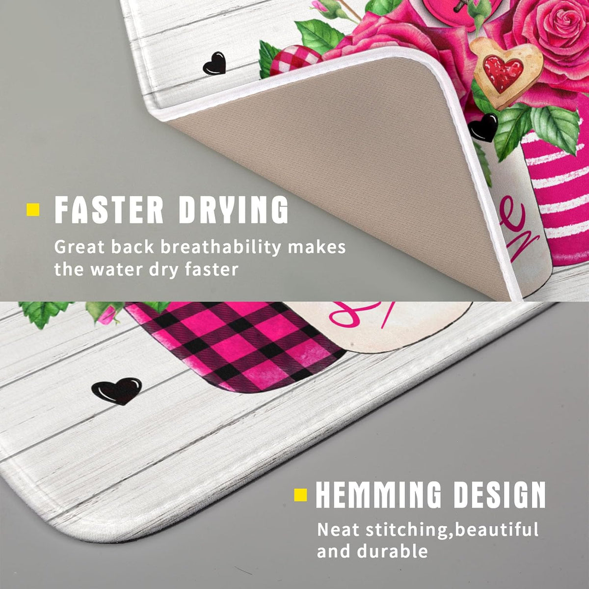 Valentine's Day Rose Flower Dish Drying Mat for Kitchen Counter,Mason Jar Pink Love Heart Drying Mat 16 x 18 Inch with High Absorbent Microfiber