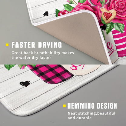 Valentine's Day Rose Flower Dish Drying Mat for Kitchen Counter,Mason Jar Pink Love Heart Drying Mat 16 x 18 Inch with High Absorbent Microfiber