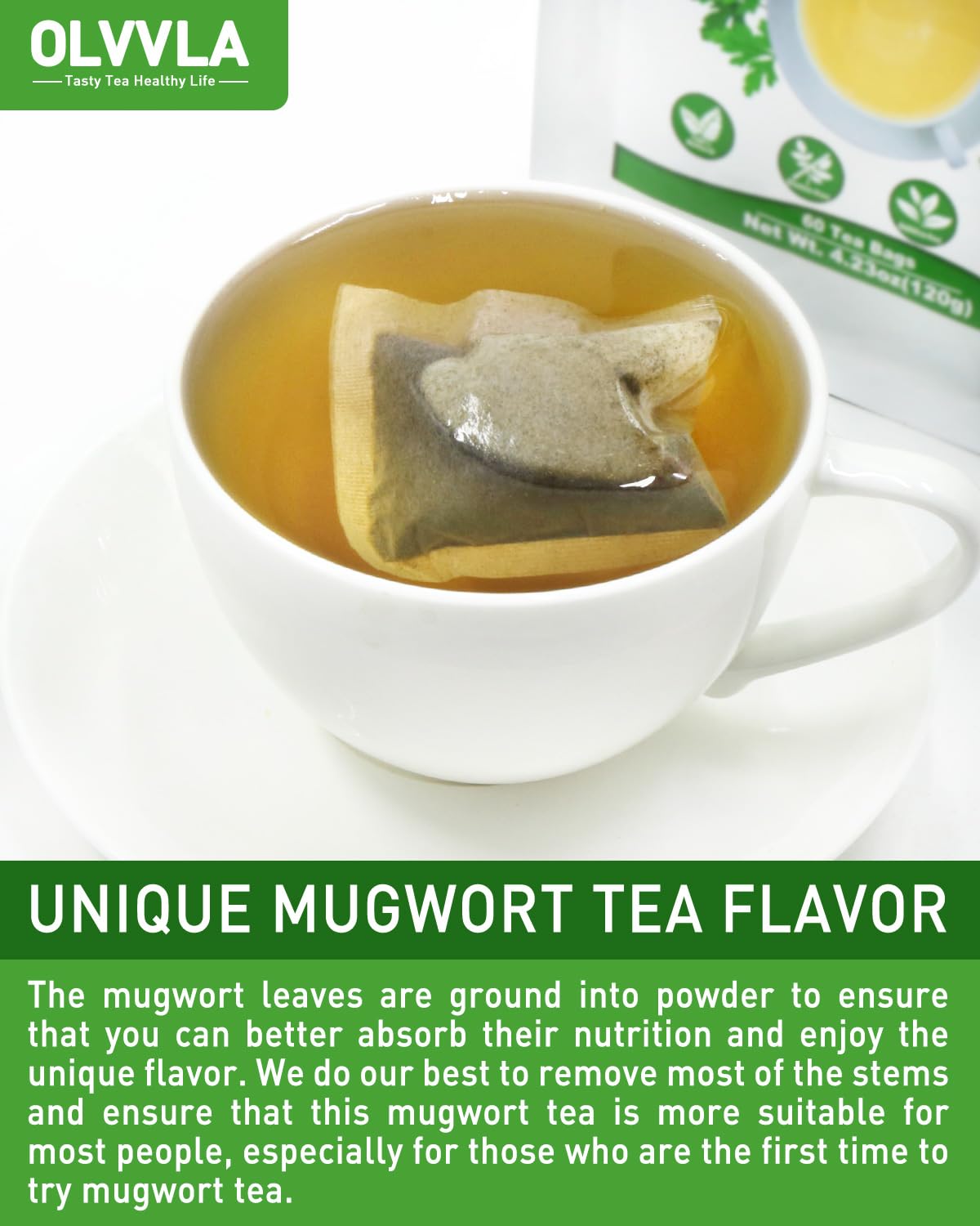 Olvvla - Premium Mugwort Tea - 2g X 60 Count - 100% Pure Natural Mugwort Tea Bag - Caffeine-free - Mugwort Herb Dried