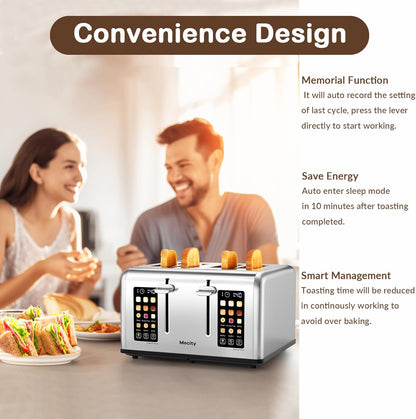 Mecity 4 Slice Toaster with Touch Screen Control, 4 Wide Slots, Stainless Steel Smart Bread Toaster for Bagels, Muffins, Waffles, Dual Control Panel, Timer, Defrost, Reheat, 120V 1650W