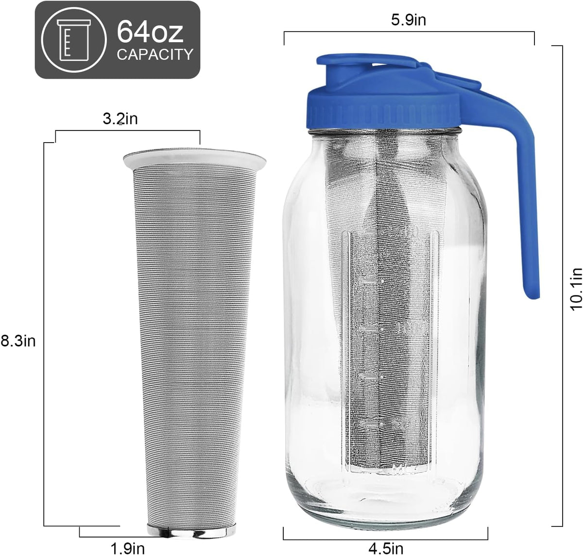 Cold Brew Coffee Maker,64 oz Mason Jar Pitcher with Stainless Steel Filter, Pour Spout Handle Lid