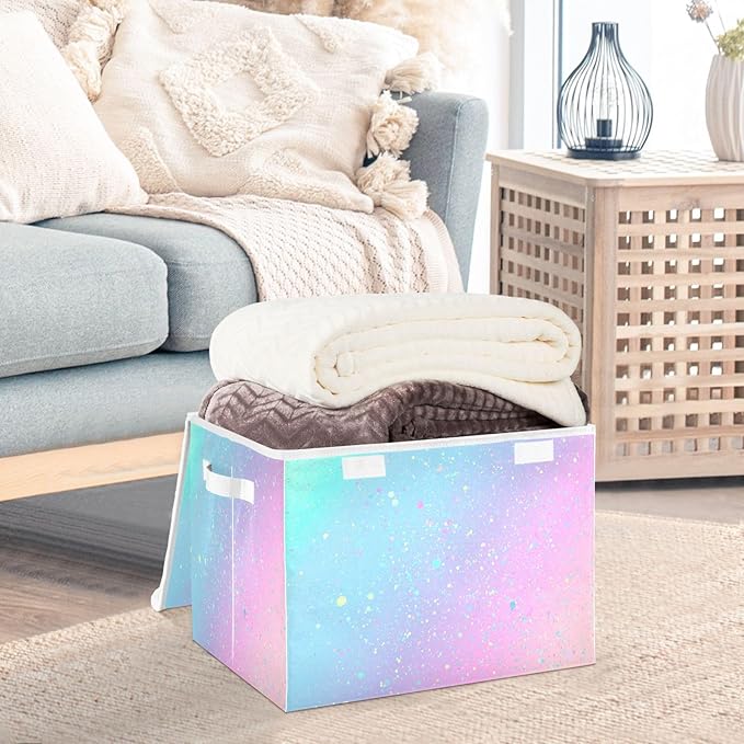 Large Collapsible Storage Bins with Lids, Unicorn Background with Rainbow Storage Baskets Organizer Containers with Handles for Clothes