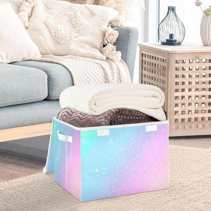 Large Collapsible Storage Bins with Lids, Unicorn Background with Rainbow Storage Baskets Organizer Containers with Handles for Clothes