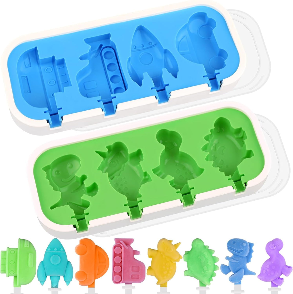 Sakolla 2 Pack Silicone Popsicle Molds with Sticks & Lid, 4-Cavity Mini Popsicle Molds for Kids - Cars, Ships, Train