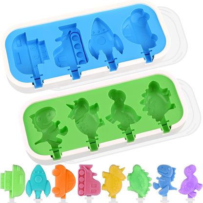 Sakolla 2 Pack Silicone Popsicle Molds with Sticks & Lid, 4-Cavity Mini Popsicle Molds for Kids - Cars, Ships, Train