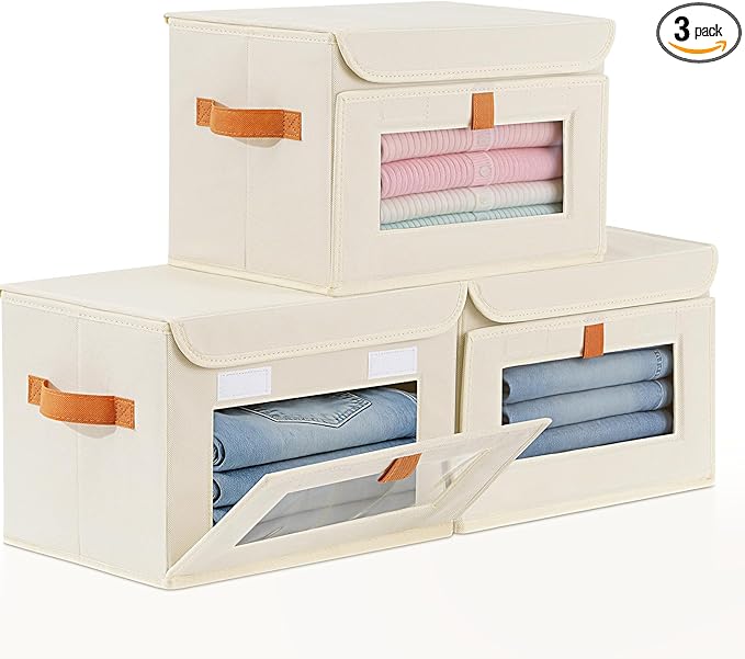 3 Pcs Front Opening Closet Organizers and Storage Bins with Attached Lid, Fabric Clothes Storage Box with Large Clear Window, Stackable Foldable Decorative Organizers for Shelf, Dorm, Beige