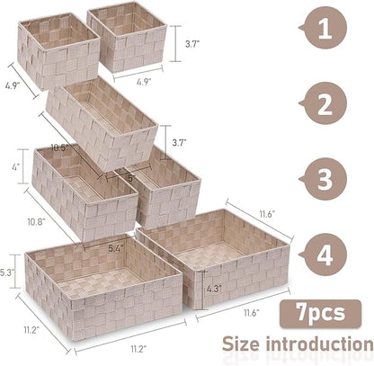 Storage Bins Woven Organizer Set of 7 – Polypropylene Storage Baskets with Metal Frame, Stackable Fabric Boxes for Drawers, Closet, Shelf, Nursery and Office, Beige