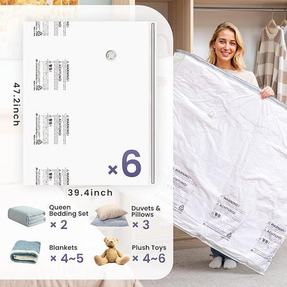 TAILI 6 Pack Vacuum Storage Bags for Comforter and Blankets, XXL Jumbo Vacuum Seal Bags for Bedding (47x39 Inch), Huge Space for Toy, Bedding, Pillows, Save More Closet Space