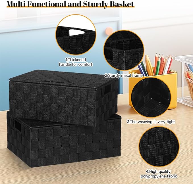 Woven Polypropylene Basket Set of 5, Woven Storage Basket, Woven Strap Baskets, Woven Basket Organizer for Bedroom, Bathroom, Office, Shelf, Dresser, Kitchen, Pantry, Black