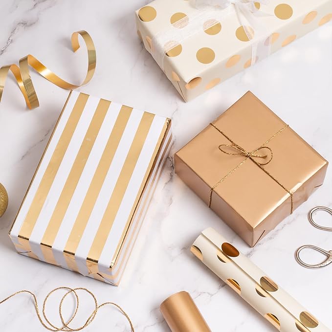 WRAPAHOLIC Gold Wrapping Paper Roll - Mini Roll - 3 Rolls - 17 Inch X 120 Inch Per Roll - Gold Foil Birthday Wrapping Paper for Wedding, Christmas, Party, Baby Shower