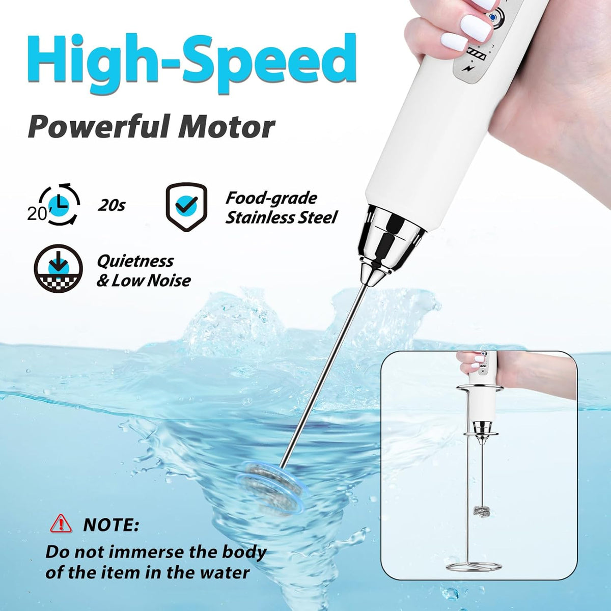 Milk Frother with Stand Rechargeable-Handheld Coffee Frother with 3 Stainless Whisks 3 Speed Adjustable, Electric Whisk Drink Mixer