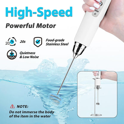 Milk Frother with Stand Rechargeable-Handheld Coffee Frother with 3 Stainless Whisks 3 Speed Adjustable, Electric Whisk Drink Mixer