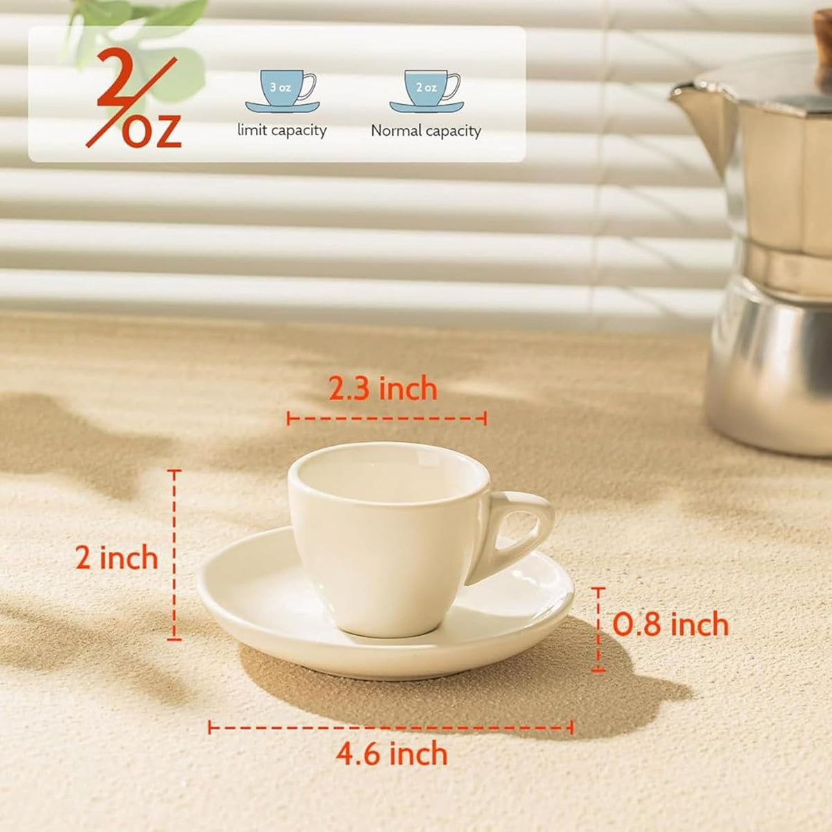 Sweese 2 Ounce Espresso Cups with Saucers, Porcelain Espresso Cups Set of 6 - White