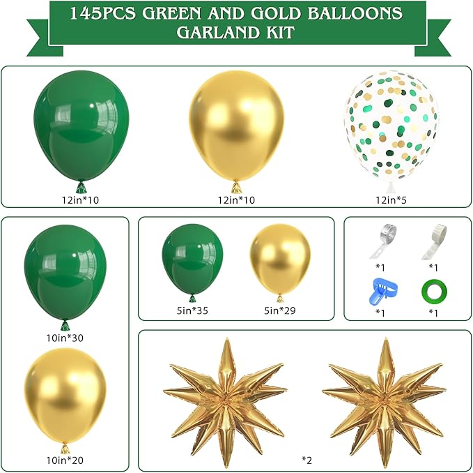 Amandir Green and Gold Balloons Garland Arch Kit for Graduation Party Decorations, 145Pcs Green Gold Confetti Balloon with Foil Star for 2026 Graduation College Congrats Grad Class Birthday Supplies