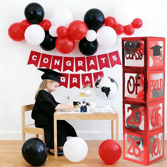 Graduation Decorations 2026,4 Pcs Transparent Balloon Boxes with Letters of GRAD,PROUD OF YOU,Class of 2026 130pcs Red and Black Balloon Arch Kit for High School College 2026 Grad Party Supplies
