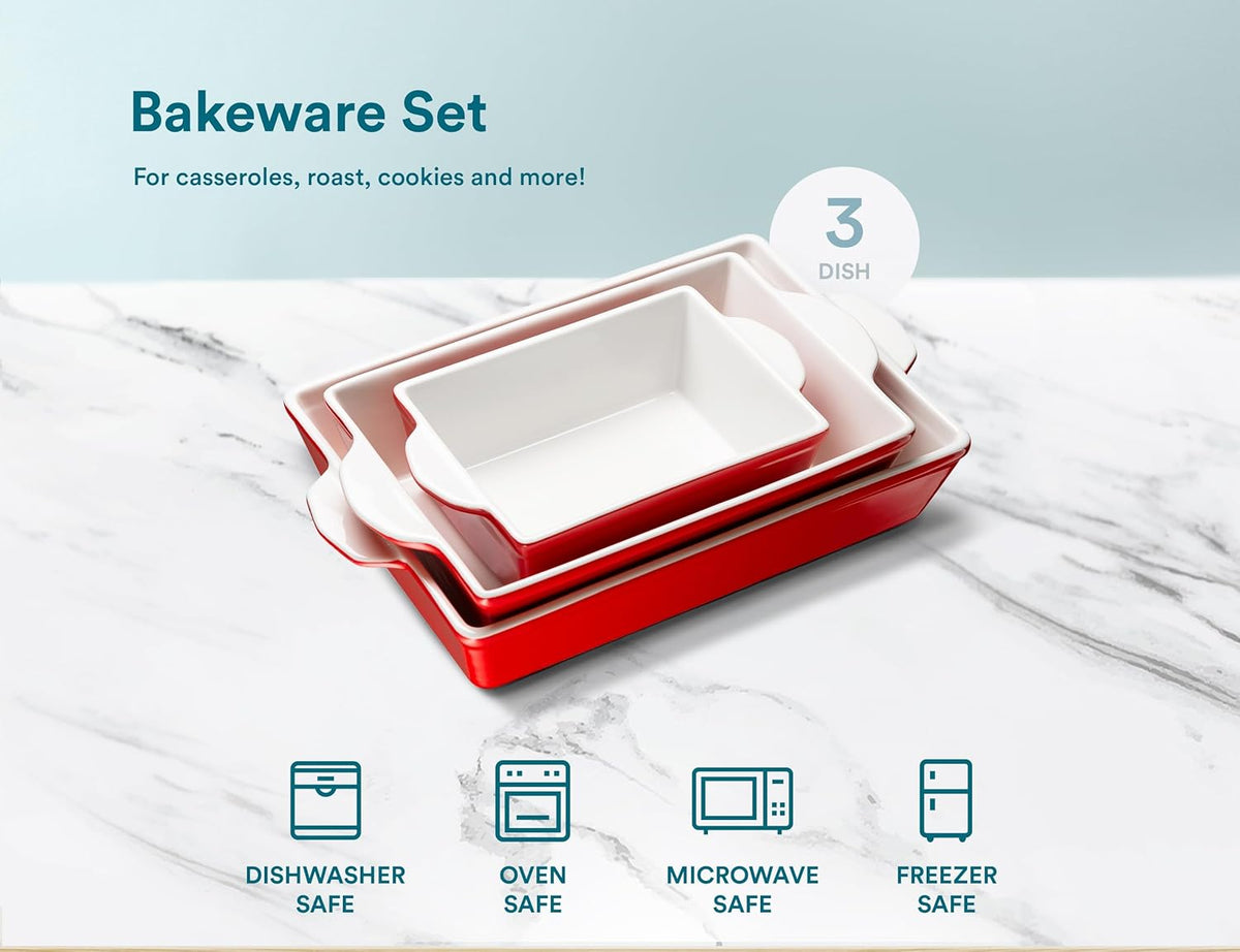 Kook Casserole Dish, Ceramic Baking Dish, Large Lasagna Pan Deep for Oven, 8.5 x 14, 11 x 7, 8 x 5, Set of 3, 92oz, 50oz, 20oz, Baking Pan with Handles, Oven Safe and Durable, Home, Gift, (Cherry Red)