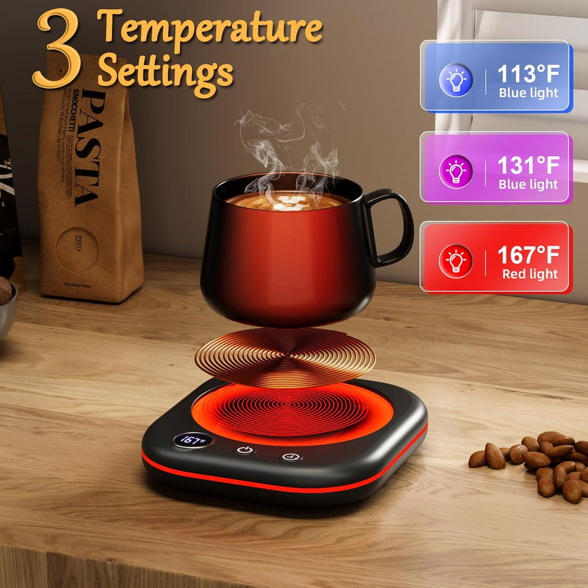 Mug Warmer Upgraded,Coffee Mug Warmer for Desk LEDs Light 3 Temp Settings (113-167°F) 1-12H Timer 4 H Auto Shut Off Beverage Cup Candle Warmer for