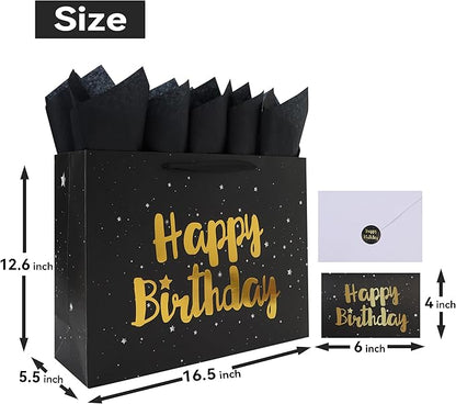 Qirrmiy 16.5'' Extra Large Black Happy Birthday Gift Bag Set with Handles, Greeting Card, Tissue Papers and Stickers for Men Boys Kids, Stars Design, 1 Pcs.