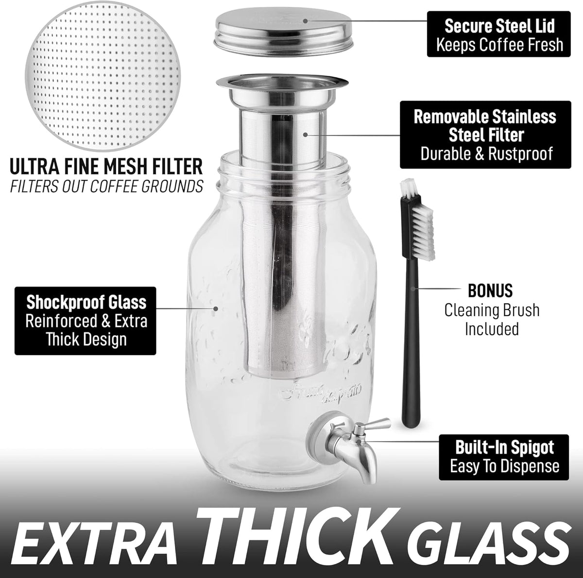 Zulay Kitchen 1.5 Liter Cold Brew Coffee Maker with EXTRA-THICK Glass Carafe & Stainless Steel Mesh Filter - Premium Iced Coffee Maker