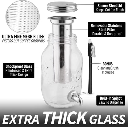 Zulay Kitchen 1.5 Liter Cold Brew Coffee Maker with EXTRA-THICK Glass Carafe & Stainless Steel Mesh Filter - Premium Iced Coffee Maker